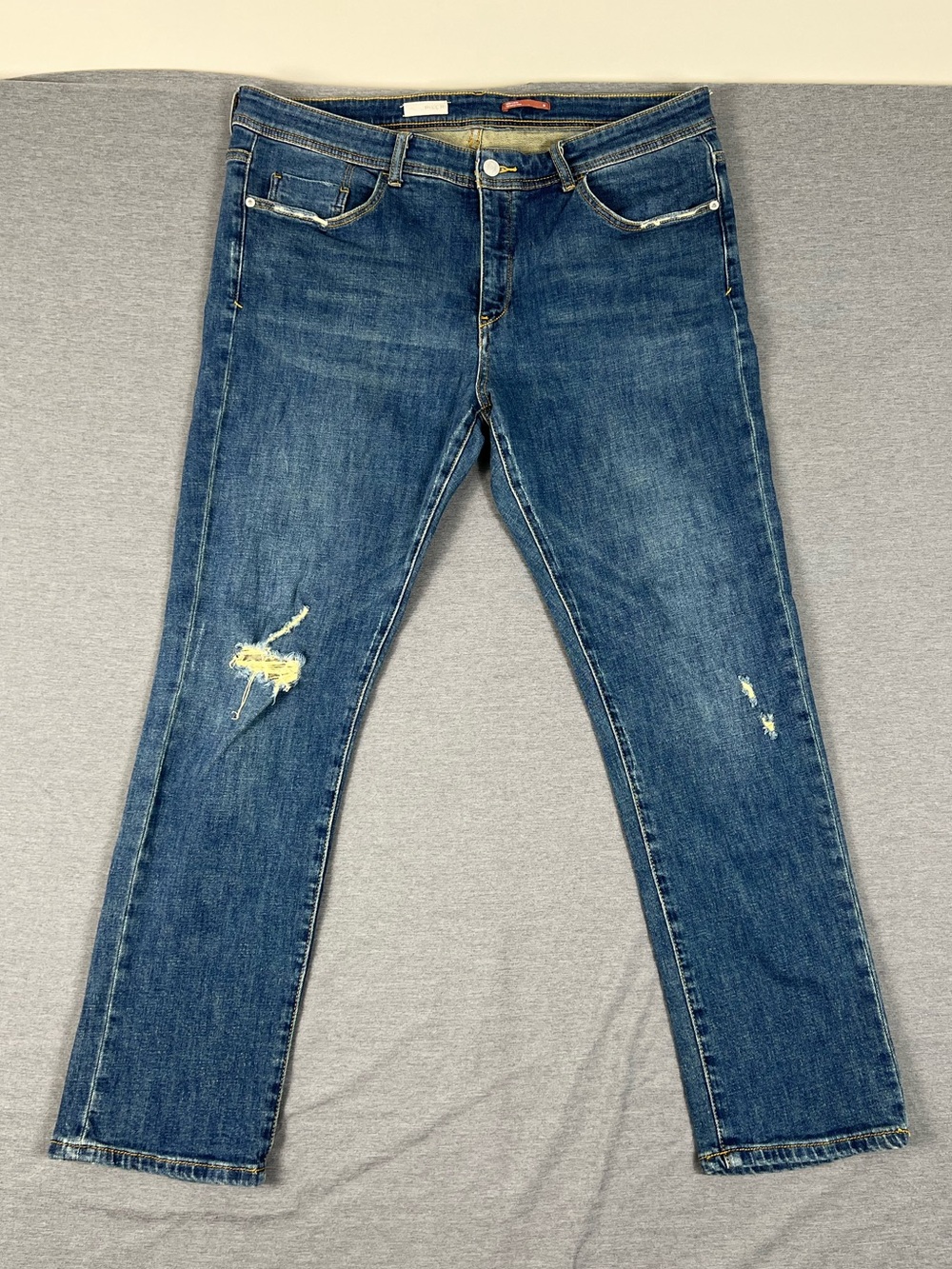 Pilcro Slim Boyfriend Blue Jeans with Distressed Accents